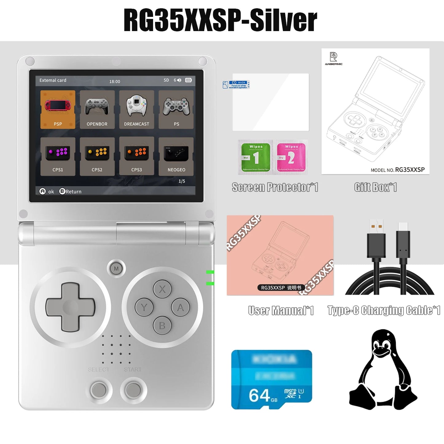 ANBERNIC RG35XXSP Retro Handheld Game Console 3.5-inch IPS Screen 3300mAh Battery Supports HDMI-TV Out and Bluetooth 4.2 5K Game