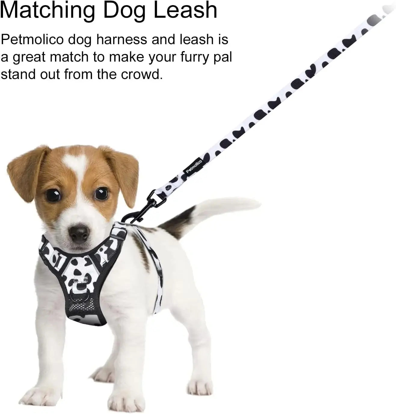 No Pull Dog Harness and Leash Set No Choke Easy Control Handle Soft Padded Reflective Vest for Medium Dog Breed Cow Pattern