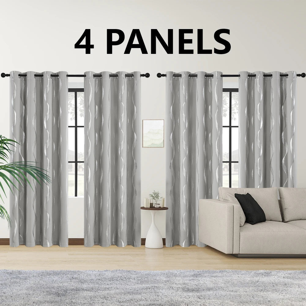 4PCS Blackout Curtains Grommet Thermal Insulated Room Darkening  With Wave Foil Printed For Bedroom