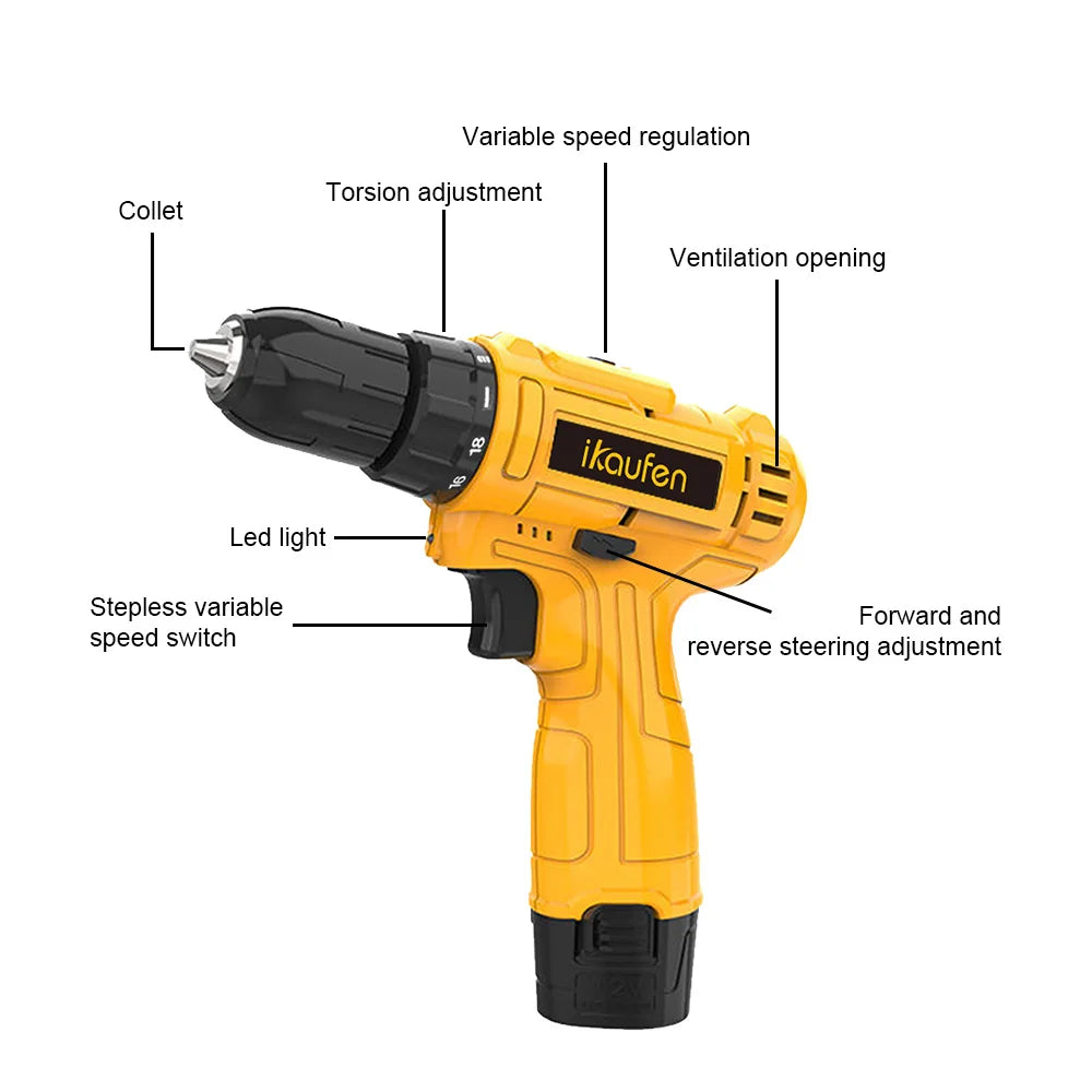 12V Cordless Impact Drill Driver Set Electric Screwdriver Tool Kit With 25+1 Torque Setting  Variable Speeds
