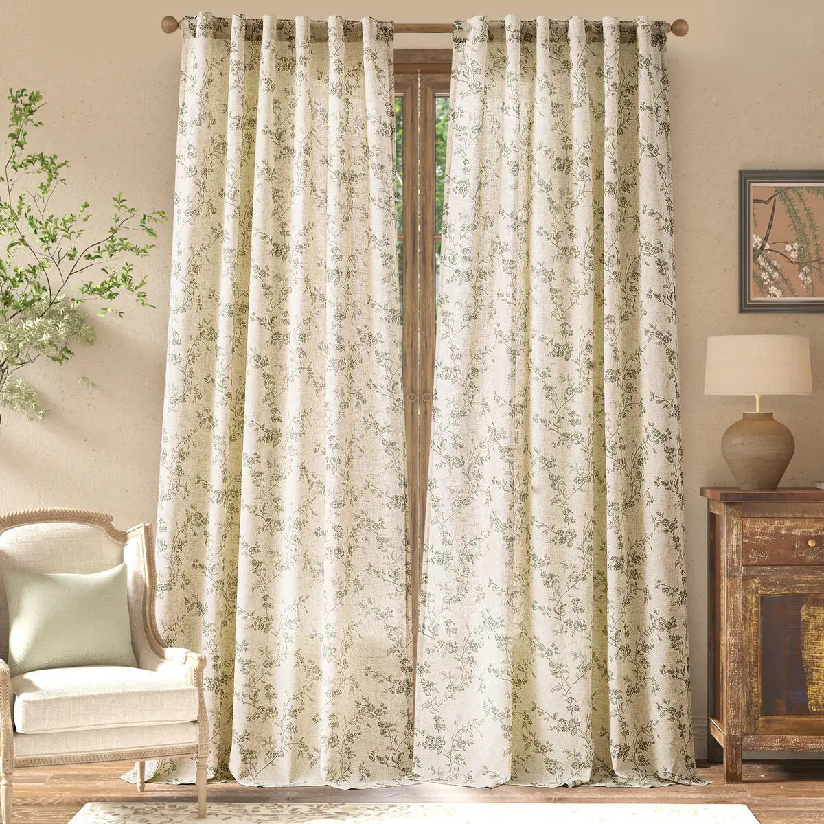 JINCHAN 2 Panels Linen Curtains For Living Room Bedroom French Country Farmhouse Flower Patterned Drapes Back Tab Window Curtain