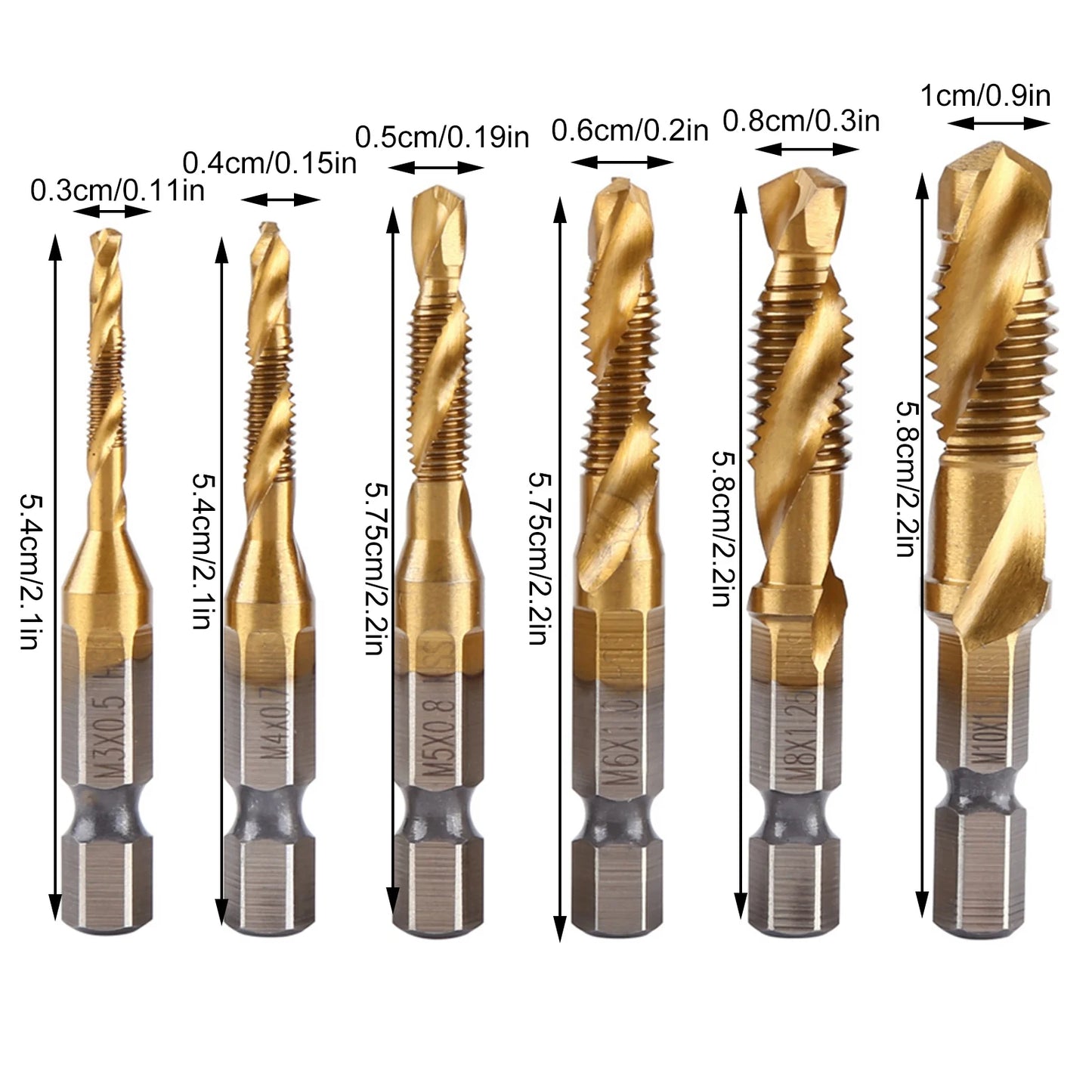 Screw Taps Tool Set Metric Thread M3-M10 Titanium Coated HSS Drill and Tap Bits 1/4" Hex Shank Drill and Tap Bit Thread Tap