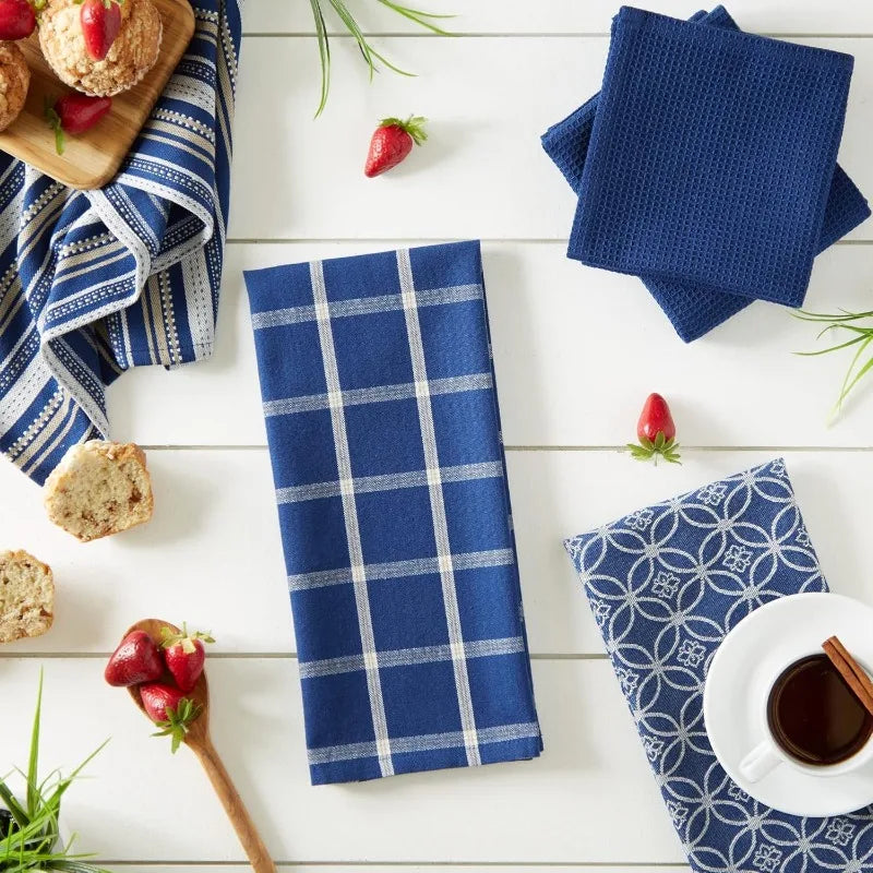 Assorted Woven Kitchen Set, Dishtowel, 18x28, Dishcloth, 13x13, Nautical Blue, 5 counts