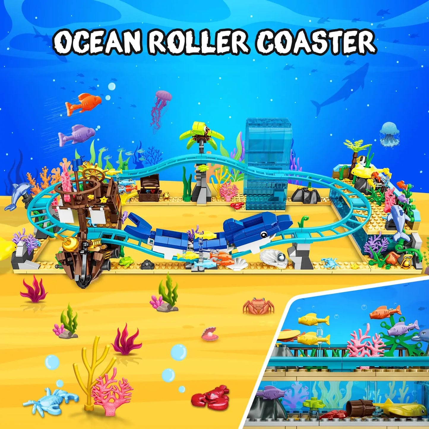HOGOKIDS Ocean Roller Coaster Building Set- Aquarium with Pirate Ship & Dolphin Railcar Undersea Amusement Park Gift for Kids 6+