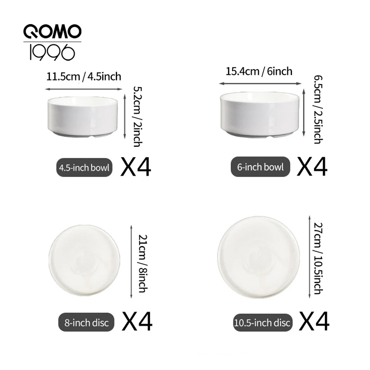 QOMO 16-Piece Dinnerware Set, Dishes Set with Bowls and Plates,  Service for 4, White
