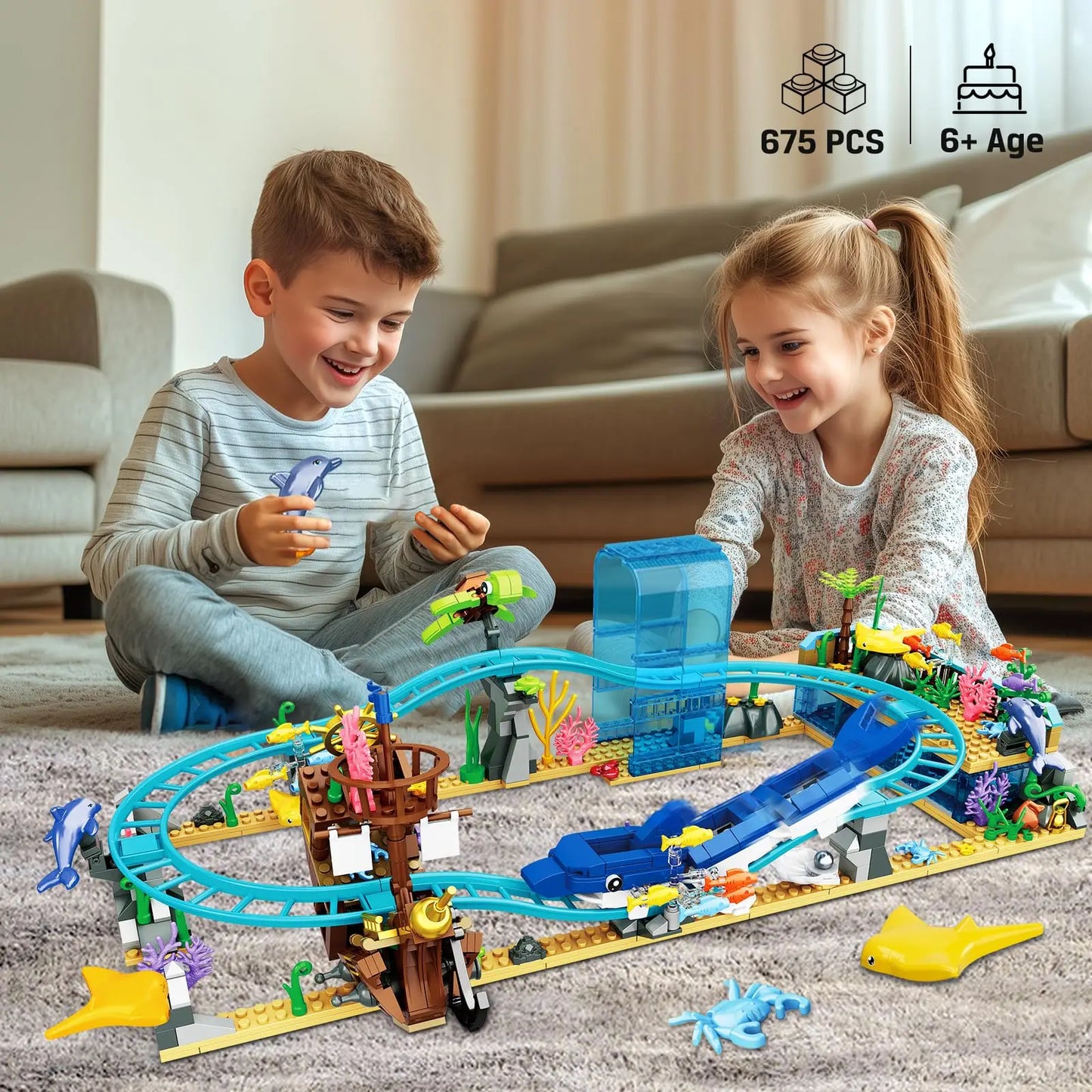 HOGOKIDS Ocean Roller Coaster Building Set- Aquarium with Pirate Ship & Dolphin Railcar Undersea Amusement Park Gift for Kids 6+