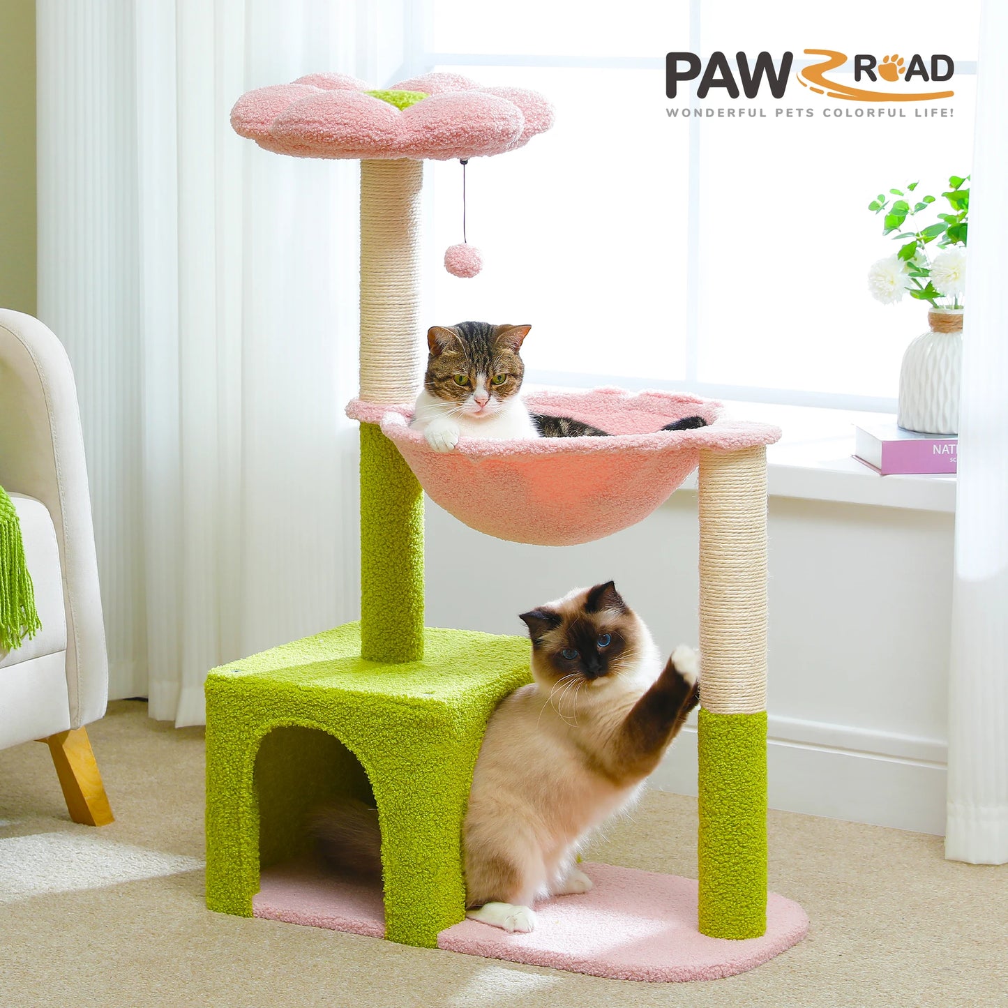 Cat Tree Flower with Large Metal Frame Hammock Cute Cat Tower with Sisal Scratching Posts for Small Indoor Cats with Pink Perch