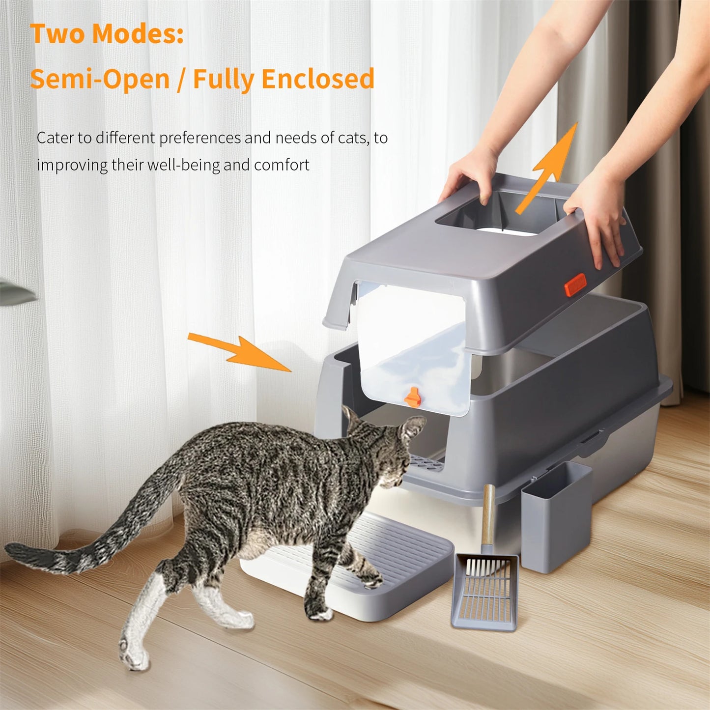 Enclosed Stainless Steel Cat Litter Box with Lid Extra Large for Big Cats Kitty Metal Litter Pan Tray High Wall Sides
