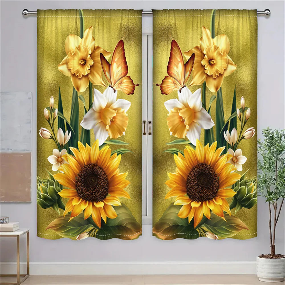 2Pcs Golden Sunflower Curtain Spring Floral Butterfly Pattern Curtain Living Room Bedroom Balcony Window Decor Sunshade Curtains
