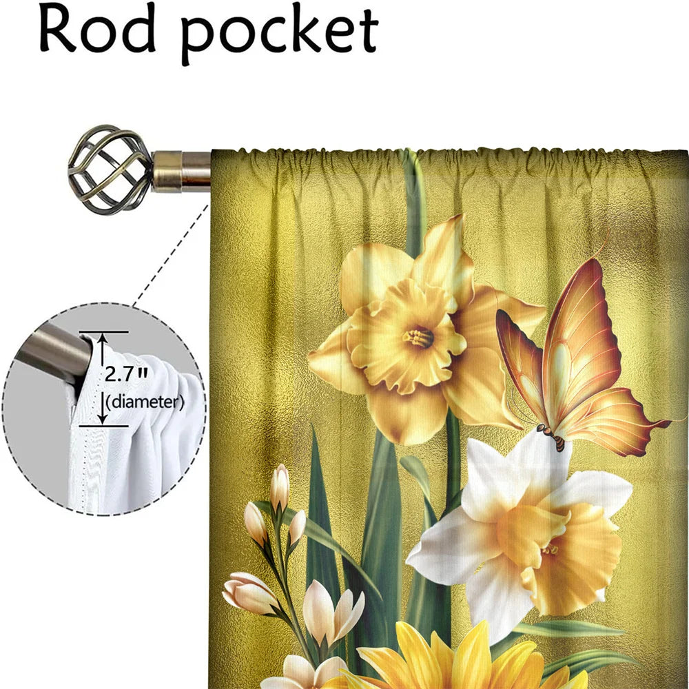 2Pcs Golden Sunflower Curtain Spring Floral Butterfly Pattern Curtain Living Room Bedroom Balcony Window Decor Sunshade Curtains