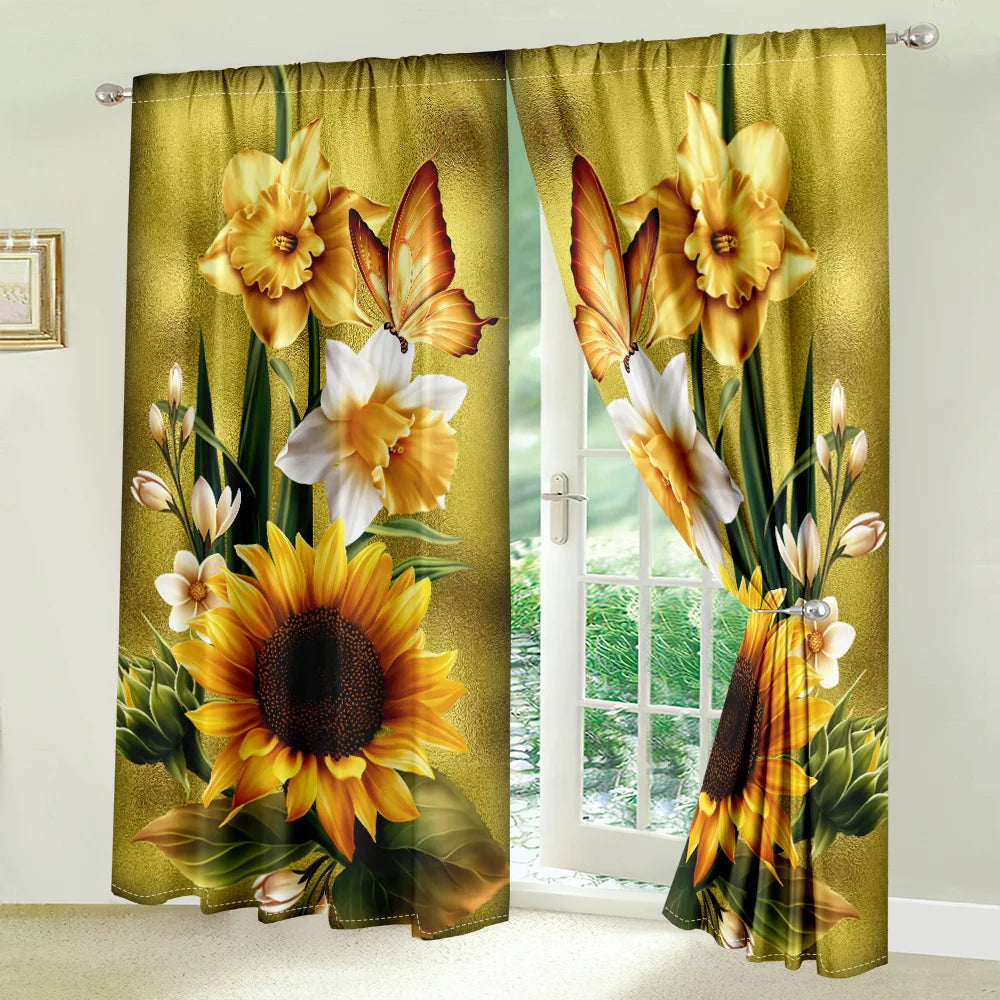 2Pcs Golden Sunflower Curtain Spring Floral Butterfly Pattern Curtain Living Room Bedroom Balcony Window Decor Sunshade Curtains