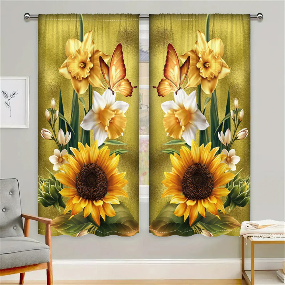 2Pcs Golden Sunflower Curtain Spring Floral Butterfly Pattern Curtain Living Room Bedroom Balcony Window Decor Sunshade Curtains
