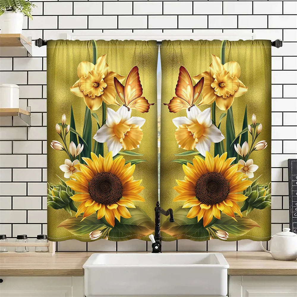 2Pcs Golden Sunflower Curtain Spring Floral Butterfly Pattern Curtain Living Room Bedroom Balcony Window Decor Sunshade Curtains