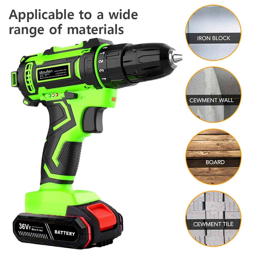21V Household Power Tools Lithium Battery Rechargeable Cordless Drill Multifunction Screwdriver with Display and Impact Function