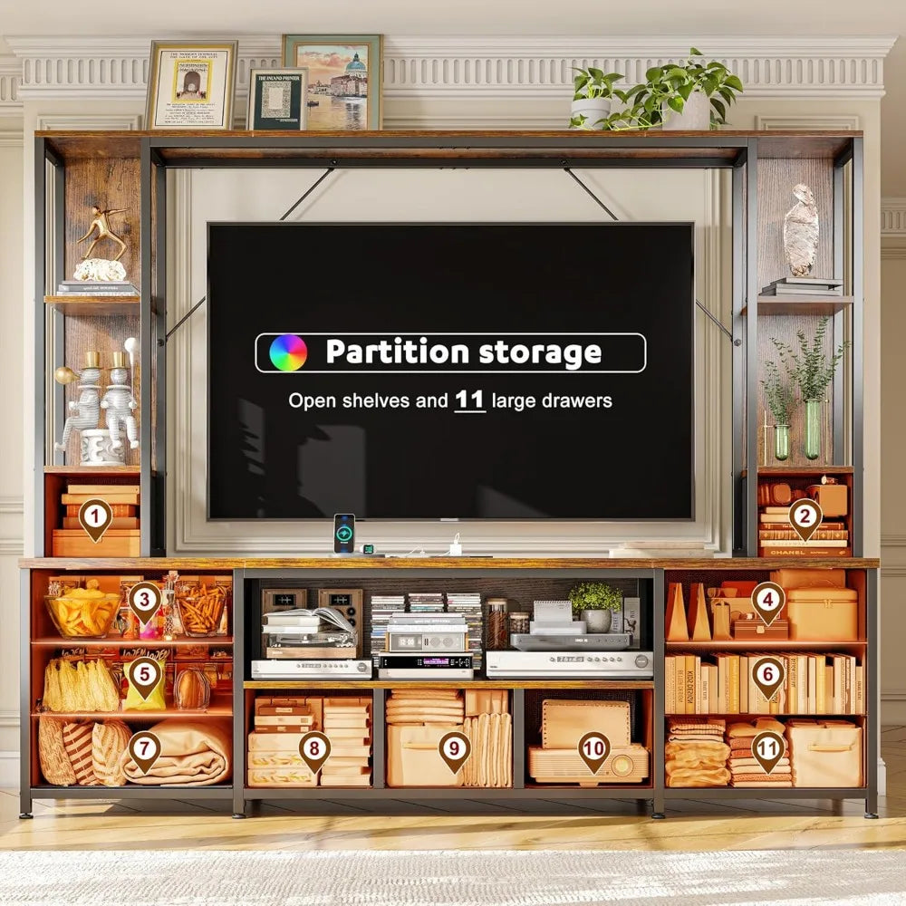 65" TV Stands for Living Room, Large Wall Unit Entertainment Center with 11 Fabric Drawer,Dresser TV Stand with 2 LED Lights &