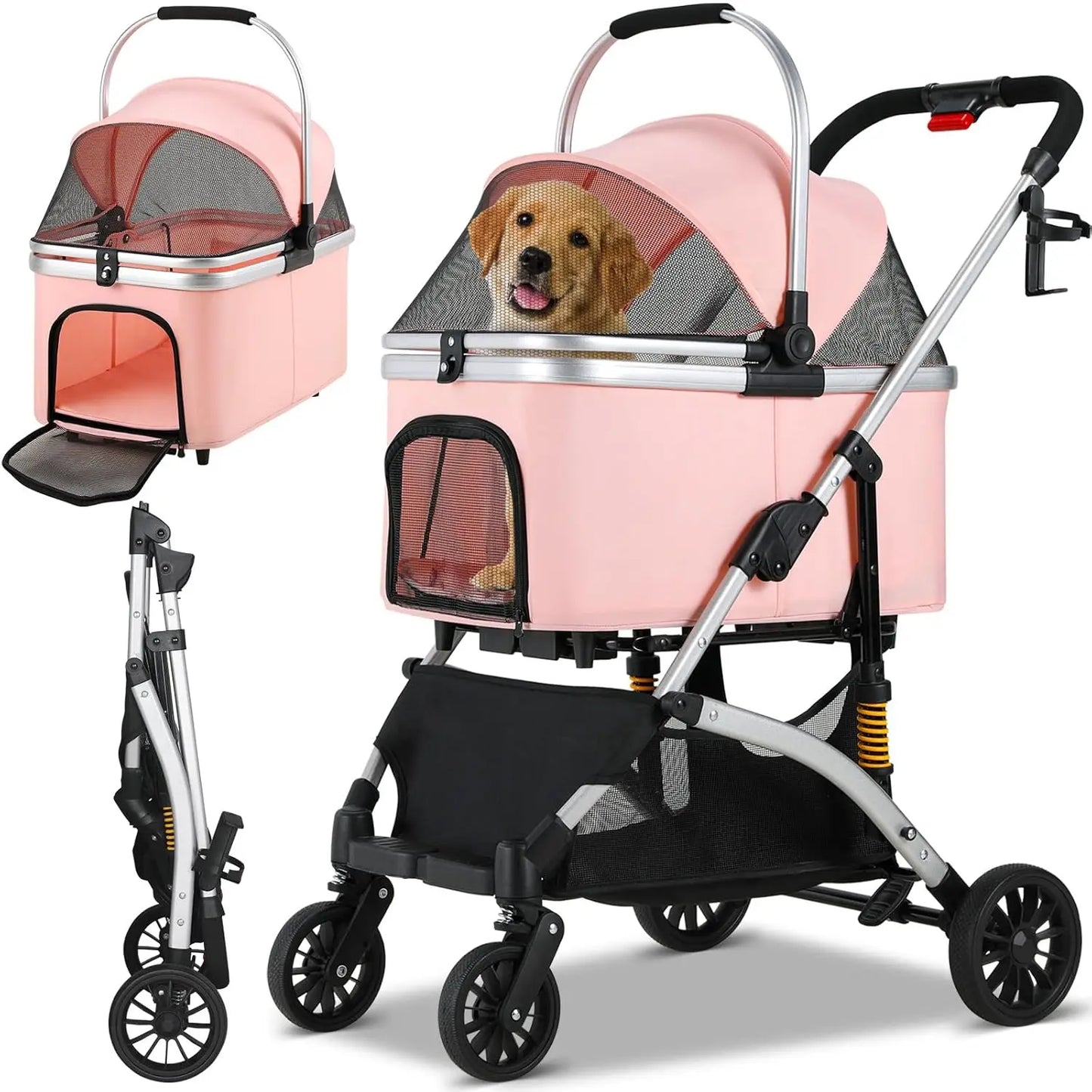 Dog Buggy 2 in 1 Stroller Dog Box Transport Foldable Cat Stroller, 360° Wear-resistant Rubber Wheels, with Storage Basket, 40kg