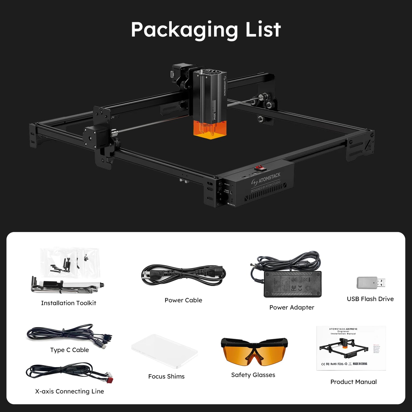 Atomstack A20 Pro V2 Laser Engraver 20W Quad Laser Cutter For Metal Acrylic Wood Glass Engraving Area 400x365mm