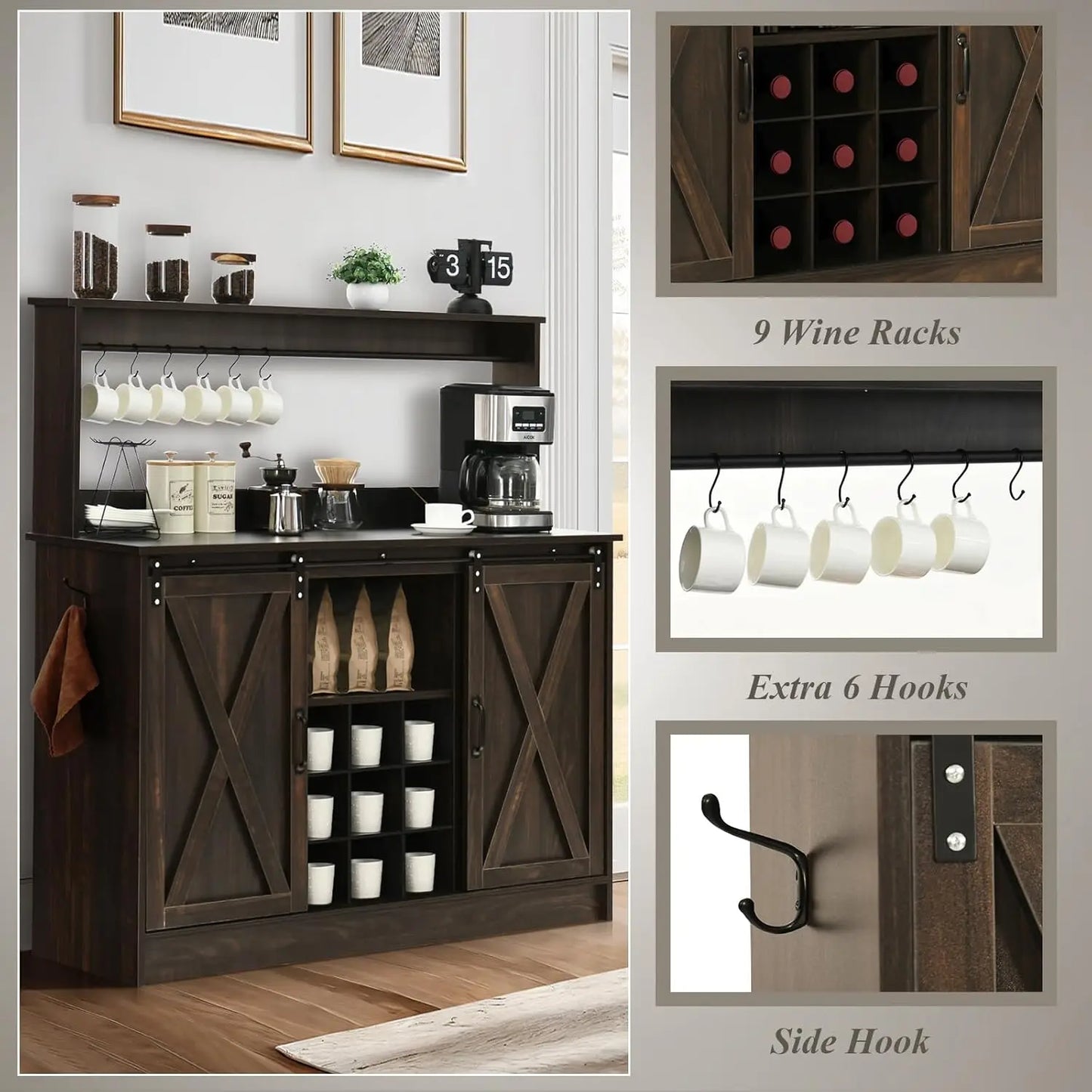 Farmhouse Coffee Bar Cabinet with  Hooks Liquor Wine Bar  Racks Kitchen Buffet Storage Adjustable Shelves for Living Dining Room
