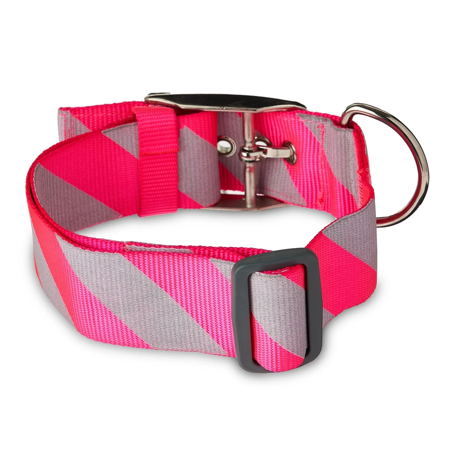 Vibrant Life Diagonal Stripe Extra Wide Adjustable Reflective Collar for Dogs, Pink & Gray, Large