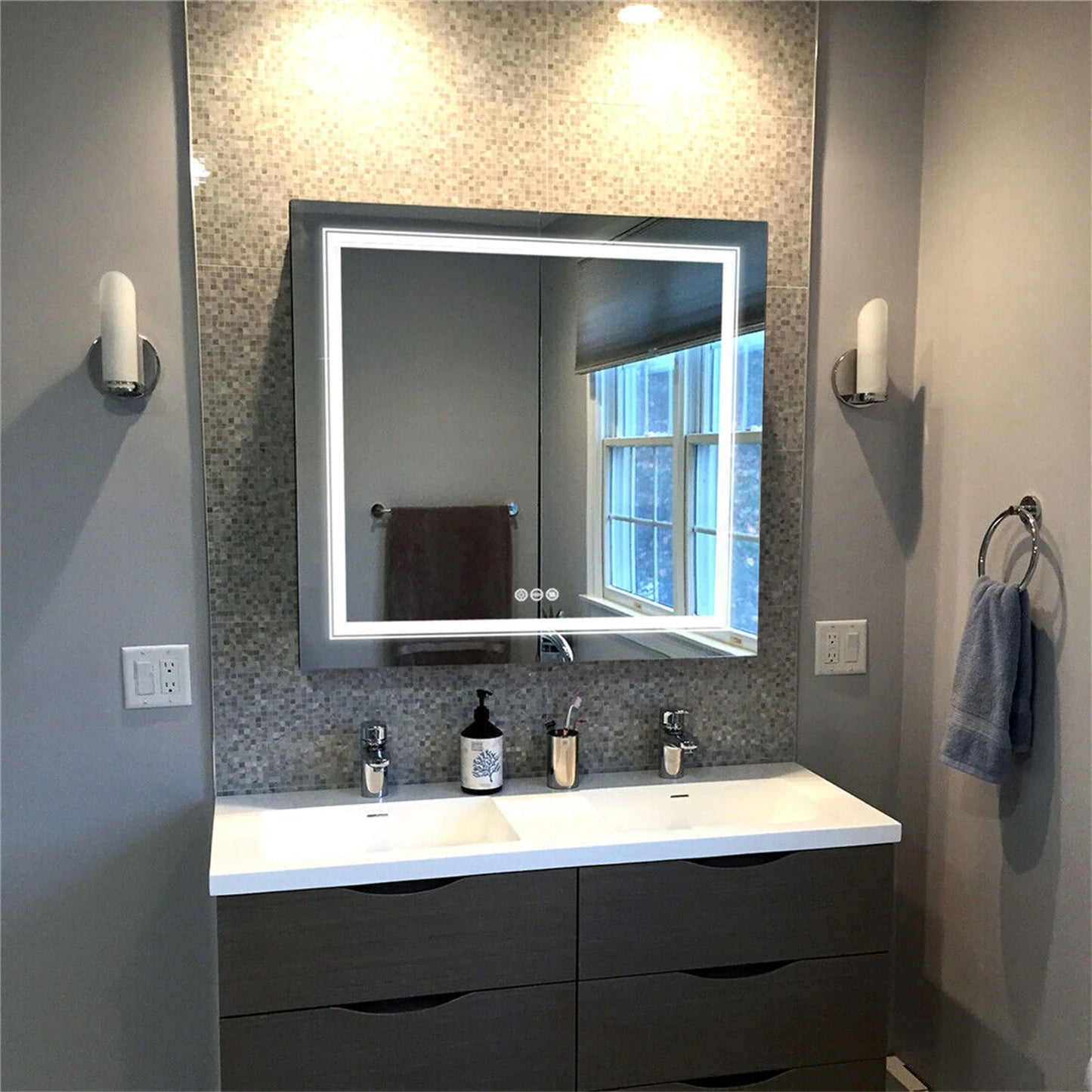 Dimmable LED Square Bathroom Mirror with Touch Sensor and Demister Pad