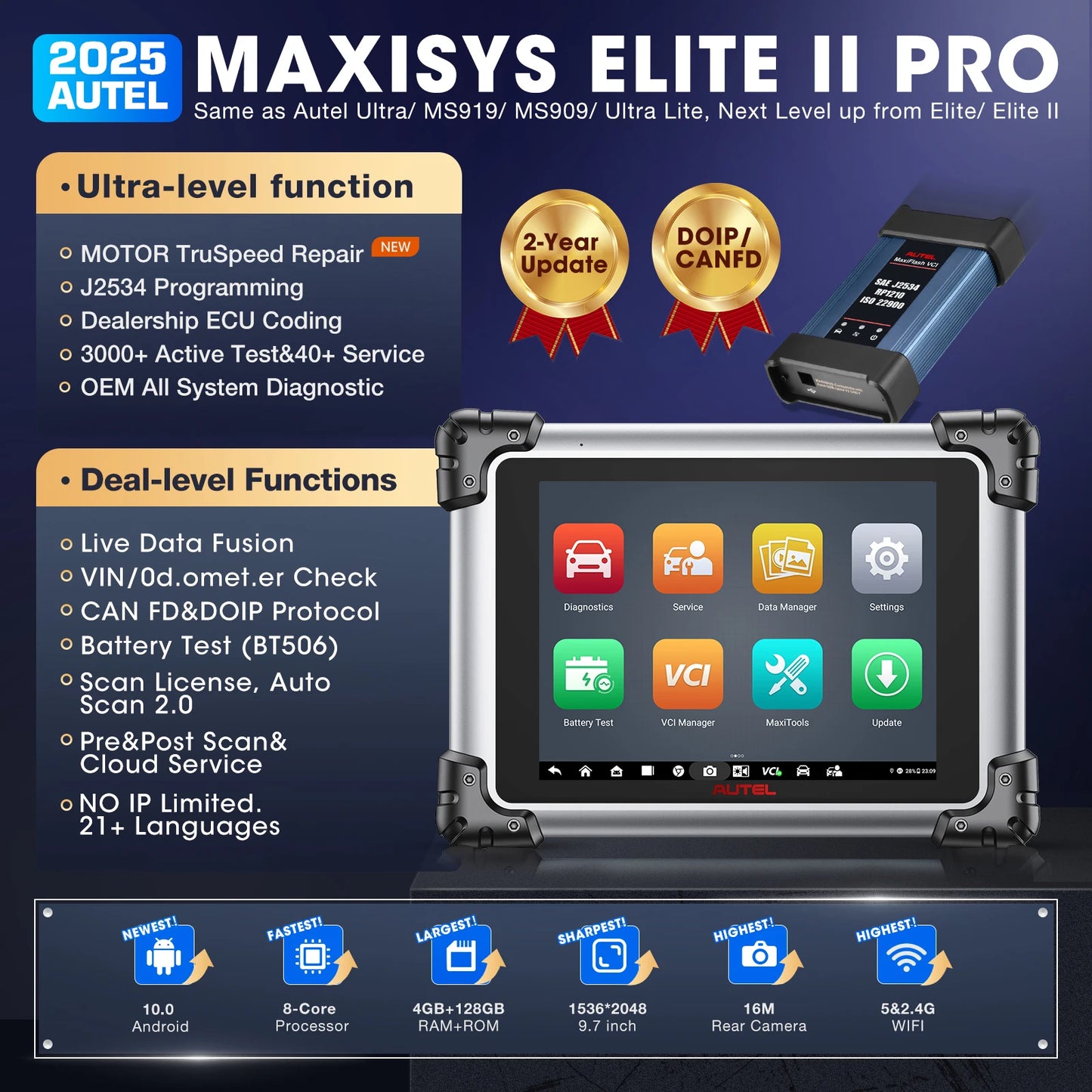 Autel Maxisys Elite II Pro Car Diagnostics Tool J2534 ECU Programming ECU Coding Motor TruSpeed CAN FD/DoIP PK MK908P Elite 2