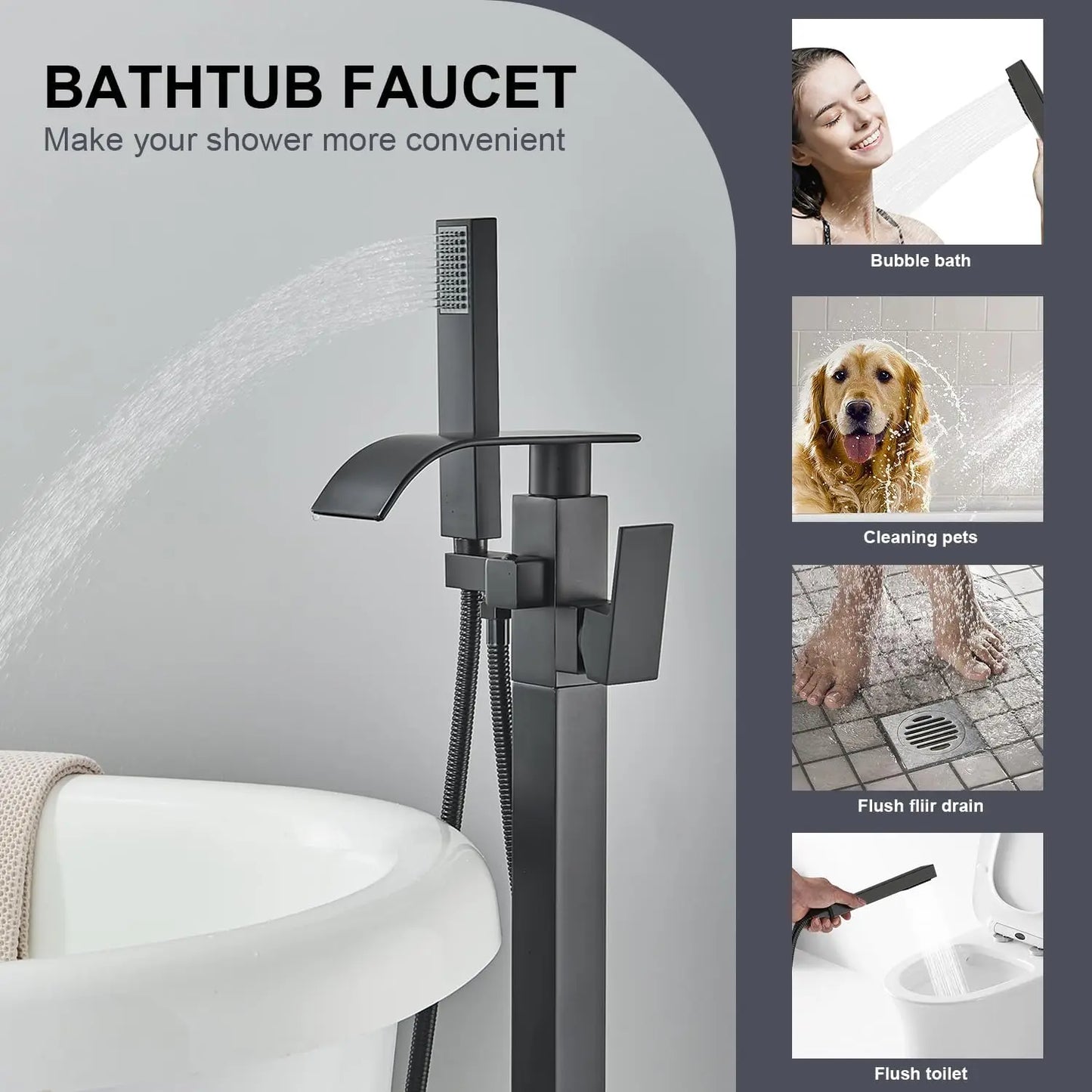 Black Waterfall Free Standing Tub Faucet With Hand Shower Brass Bathroom Faucets