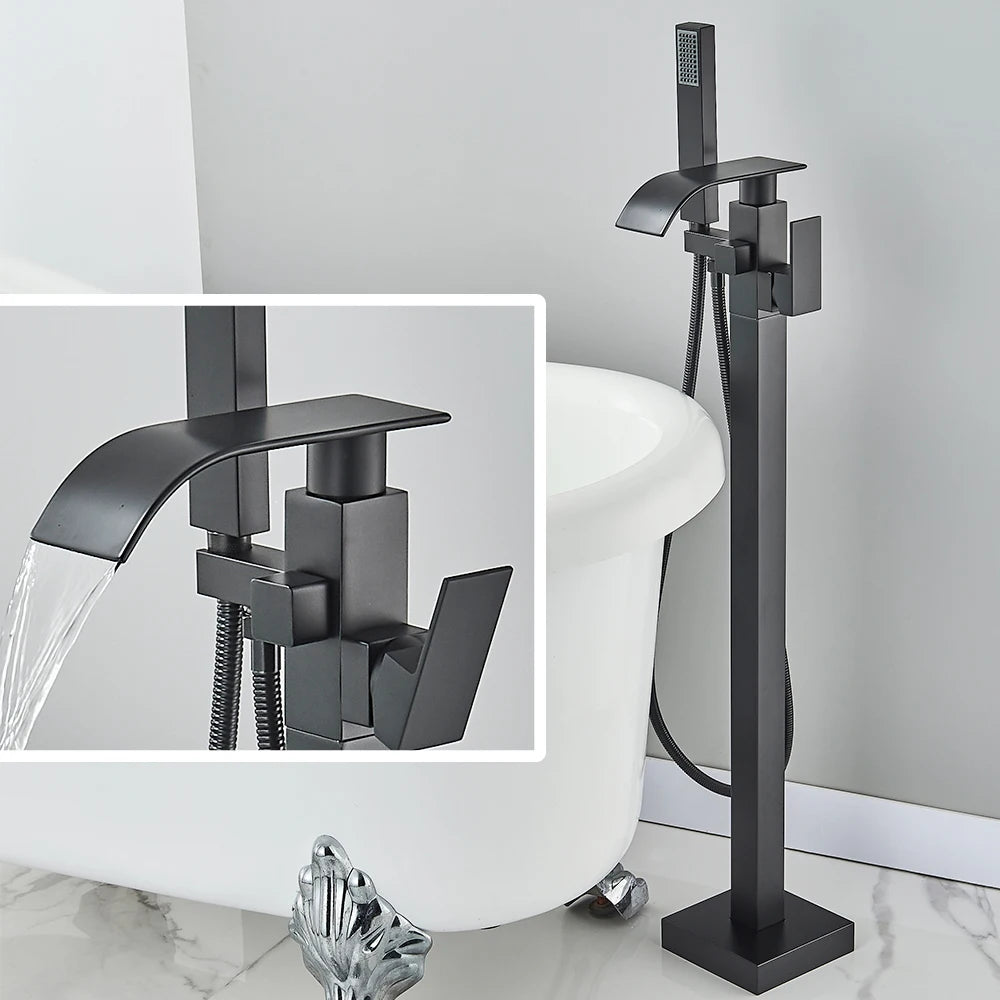 Black Waterfall Free Standing Tub Faucet With Hand Shower Brass Bathroom Faucets