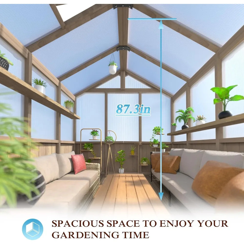 8' x 14' Wooden Greenhouse for Outdoor, Heavy Duty Green House with Ventilated Window and Lockable Door, Walk-in Greenhouse