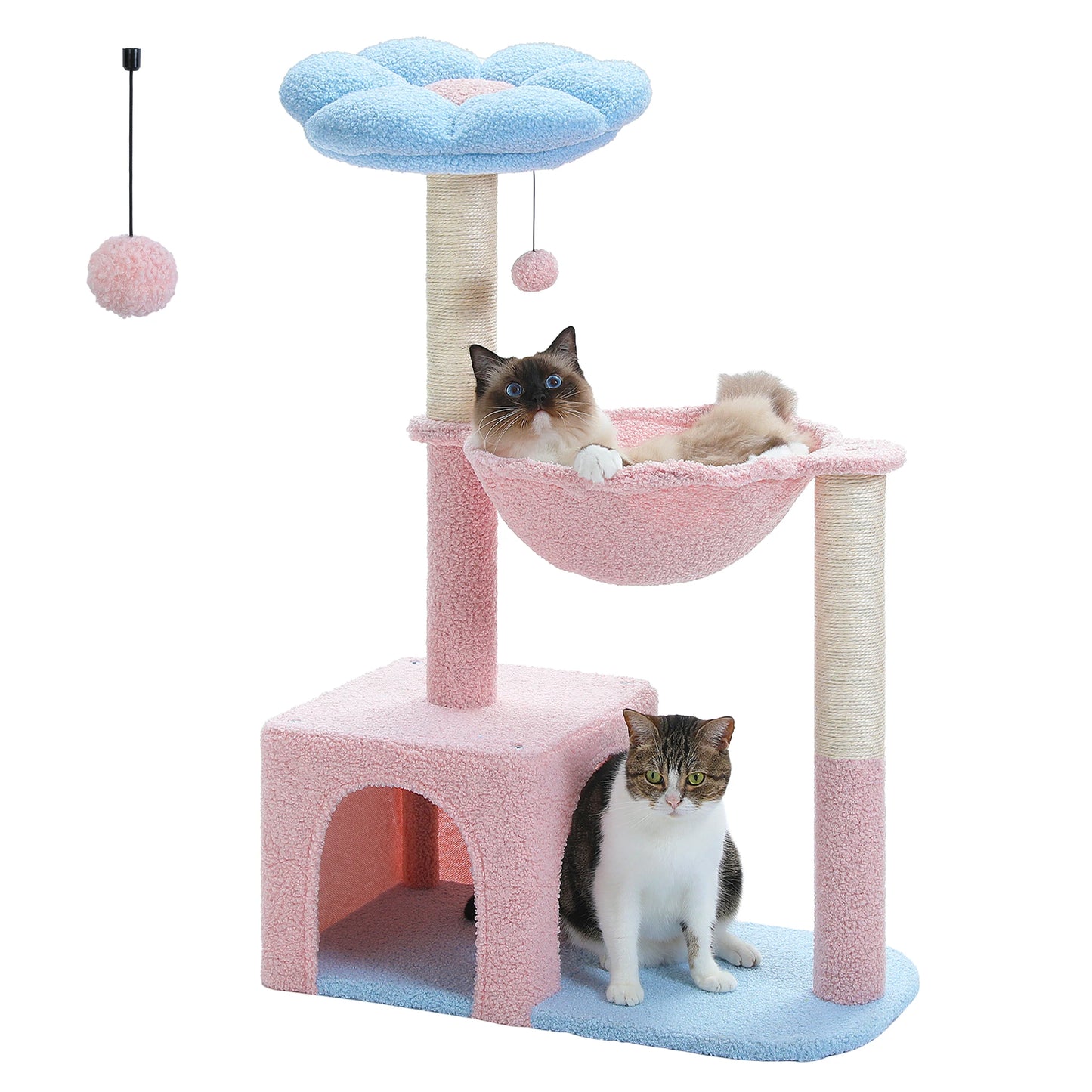 Cat Tree Flower with Large Metal Frame Hammock Cute Cat Tower with Sisal Scratching Posts for Small Indoor Cats with Pink Perch