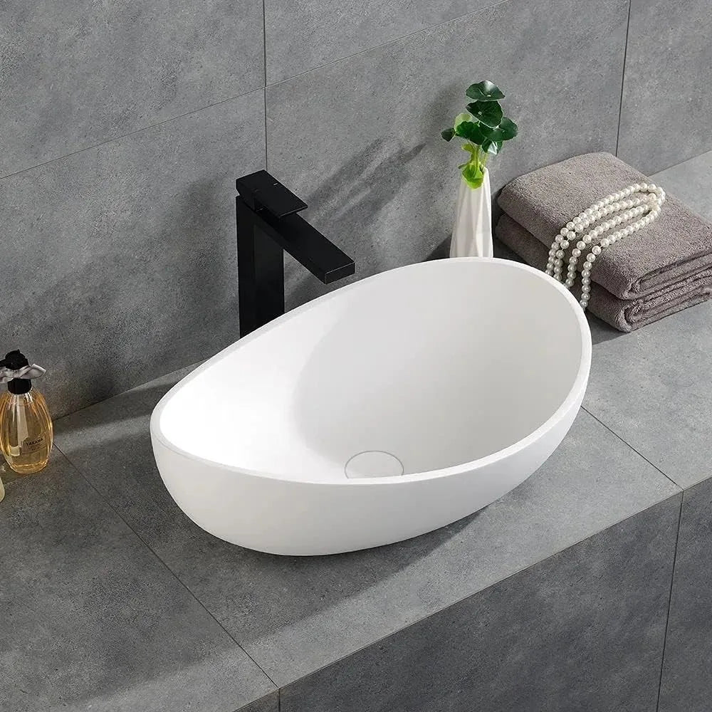 Oval Stone Resin Vessel Sink Matte White With Pop Up Drain