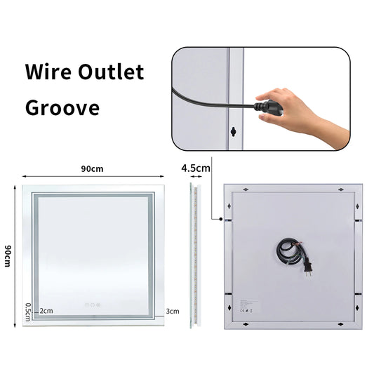LED Square Wall Mirror IP65 Waterproof Dimmable Light Touch Sensor Demister Pad