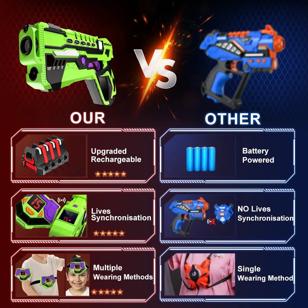 VATOS Laser Tag Battle Game Gun Set Electric Infrared Toy Guns Kids Infrared Laser Pistol X4 Boys Children Indoor Outdoor Games