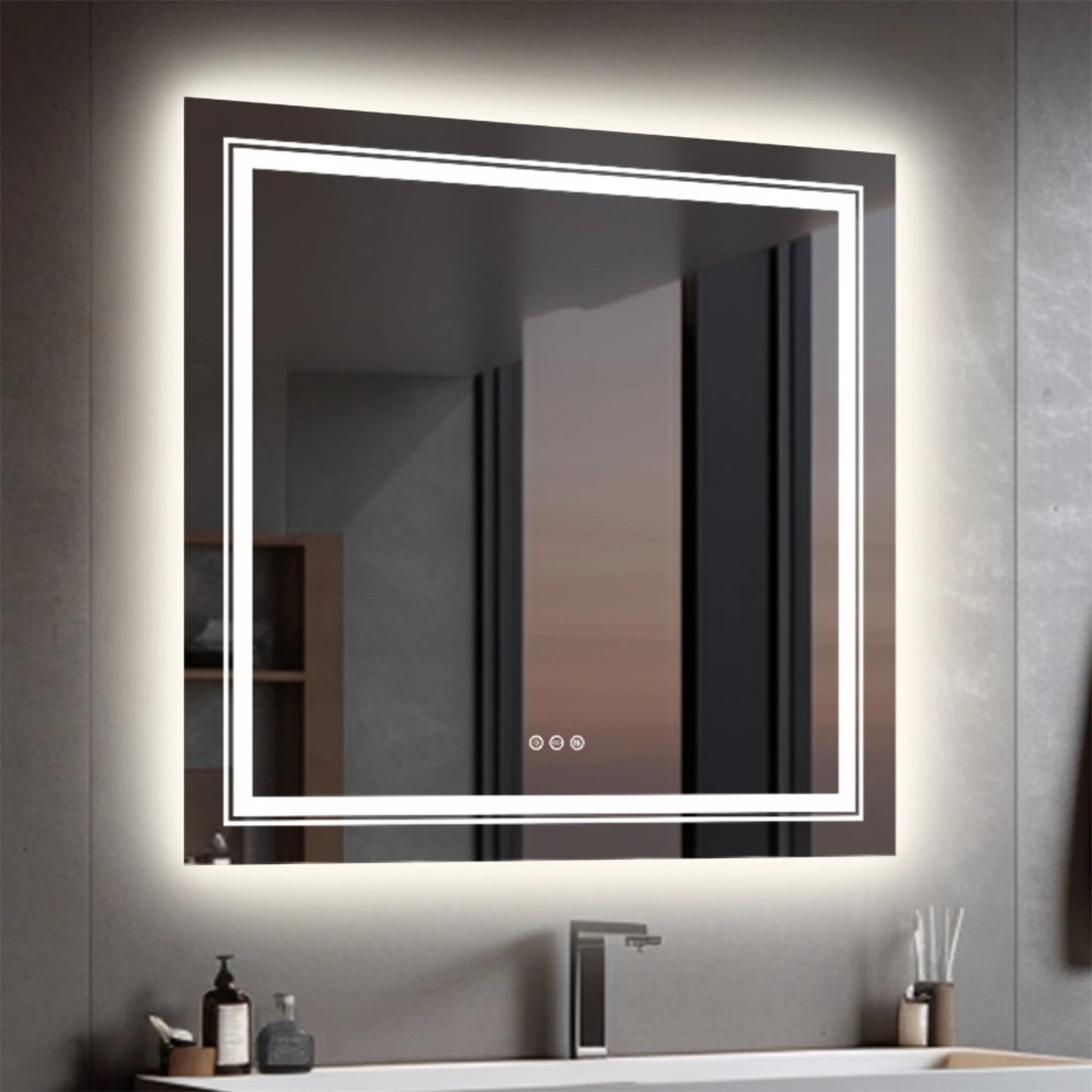 LED Square Wall Mirror IP65 Waterproof Dimmable Light Touch Sensor Demister Pad