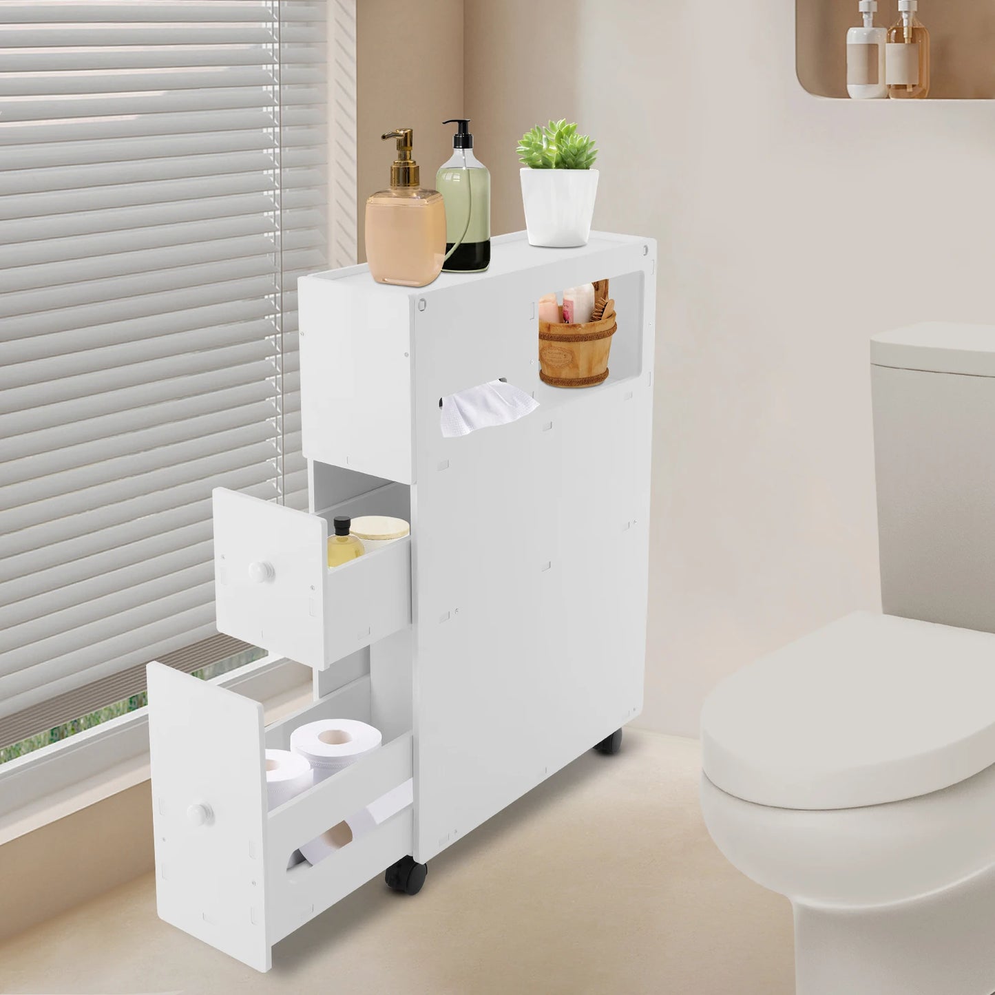 Bathroom Narrow Floor Storage Cabinet With Drawers 50Kg Load Bearing