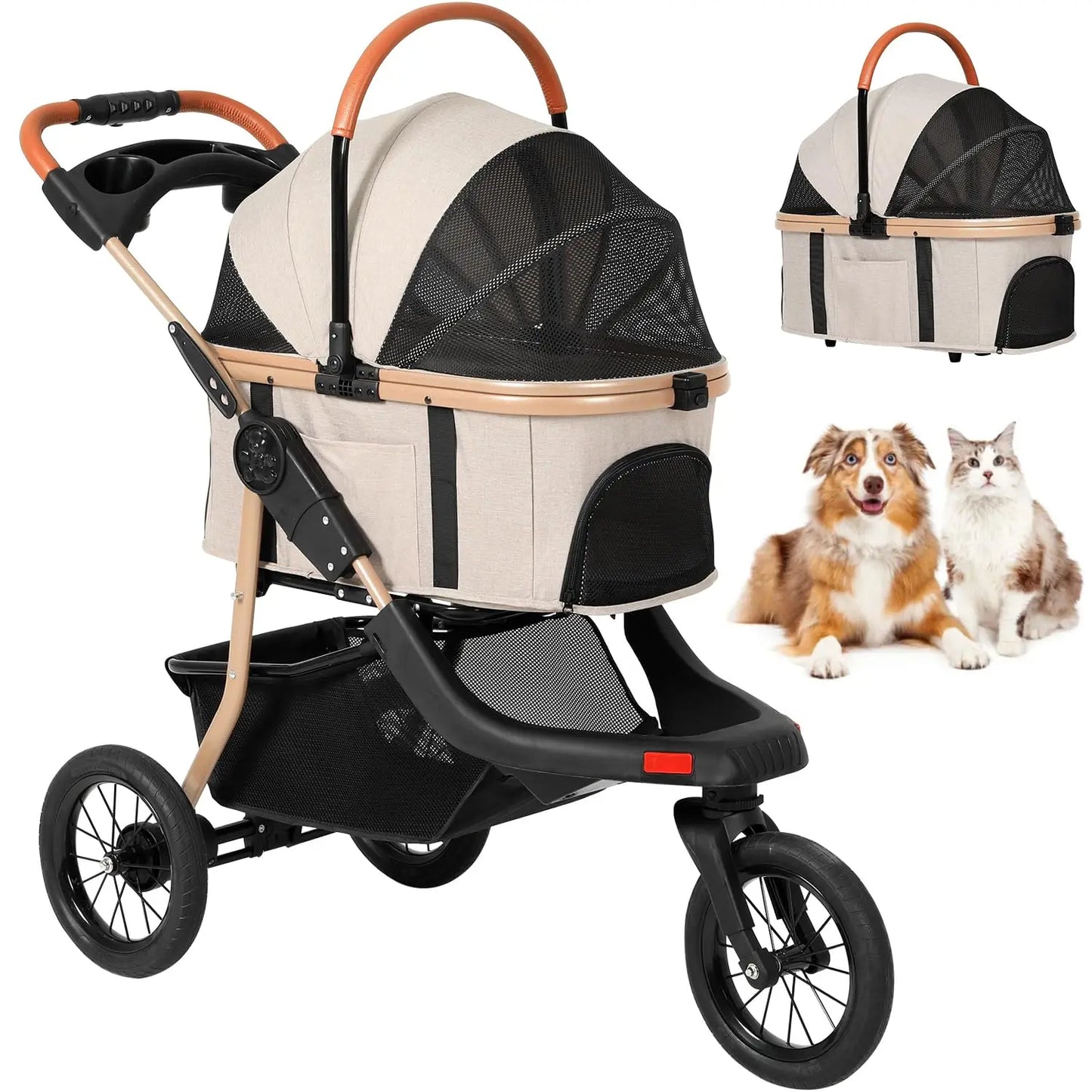 Pet Stroller, Premium 3-in-1 Large Dog Stroller for Cats/Dogs with Detachable Carrier, Zipperless Dual Entry, Foldable Jogging