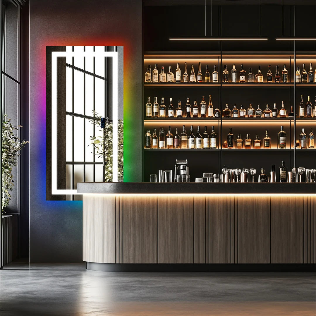 LUVODI Large Rectangular RGB Backlight Bathroom Mirror with Stereophonic Bluetooth Speaker Wall Mounted Vanity Dressing Mirror