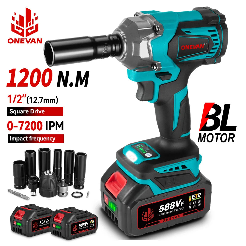 ONEVAN High Torque Brushless Electric Impact Wrench Cordless 1/2 inch Car Repair Screwdriver Power Tools for 21V 18V Battery
