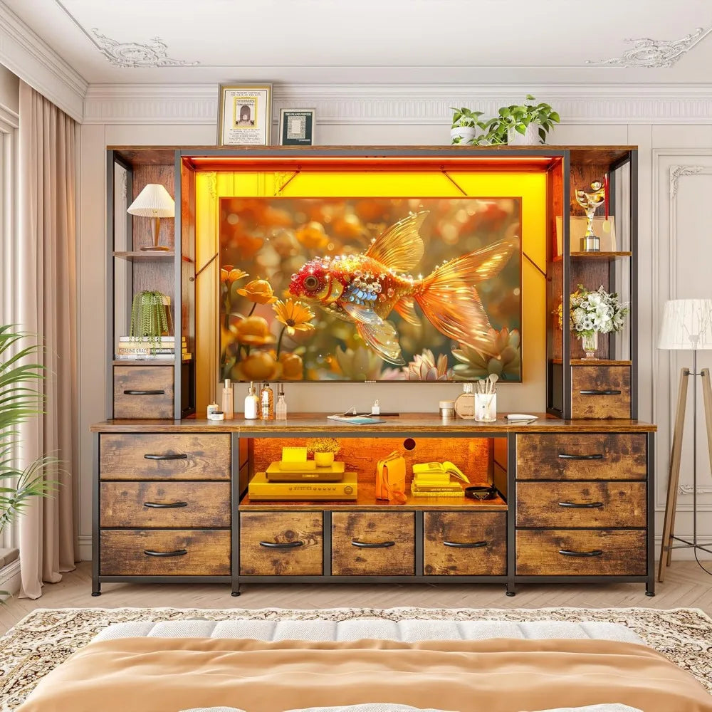 65" TV Stands for Living Room, Large Wall Unit Entertainment Center with 11 Fabric Drawer,Dresser TV Stand with 2 LED Lights &