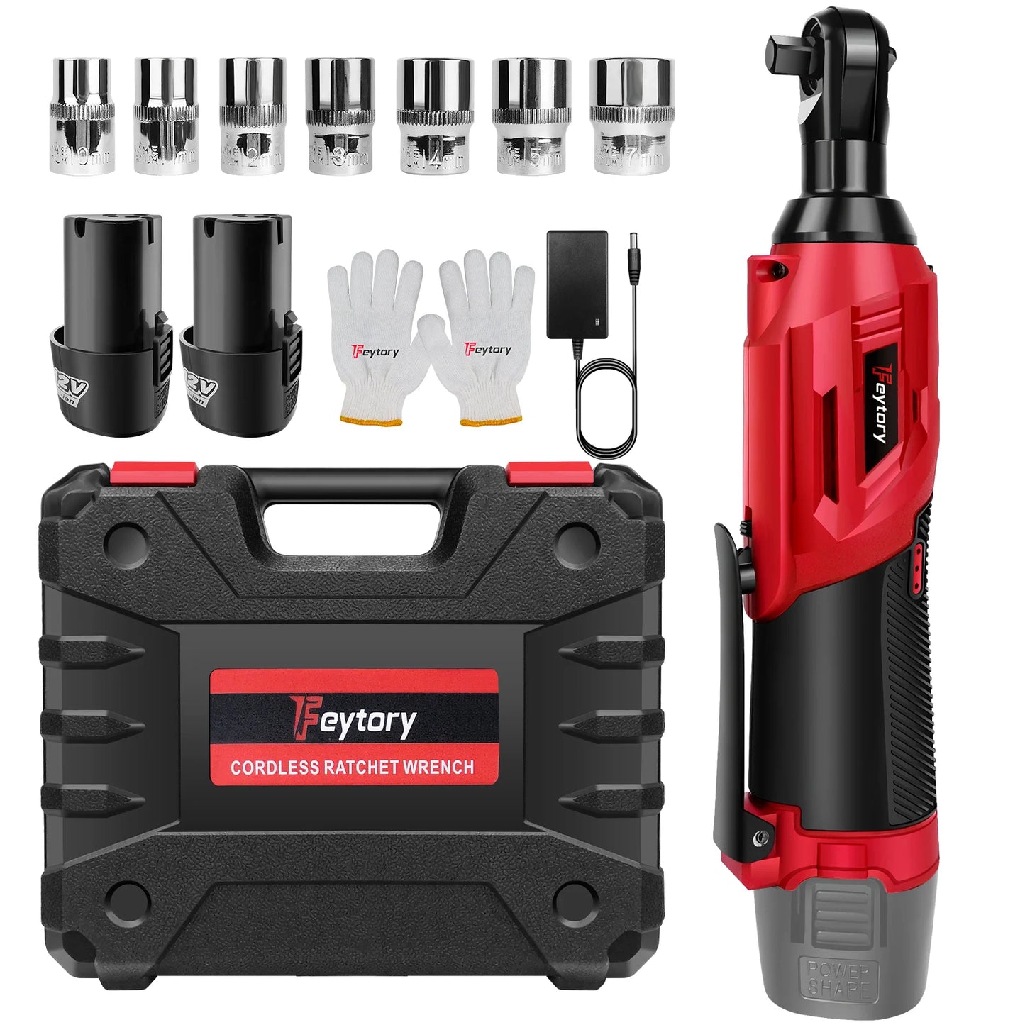 DayPlus 3/8" Cordless Electric Ratchet Wrench,12V Power Ratchet Tool 200NM with 2X 1500mAh Batteries 90° Angle Wrench,7 Sockets