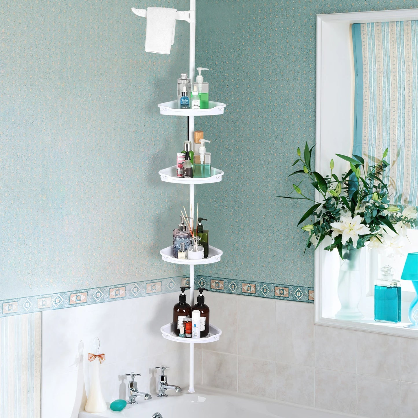 Corner Shower Caddy with Tension Pole 4-Tier Adjustable Shelves Bathroom Storage Organizer with Rubber Pad,101.6 - 122 Inch H