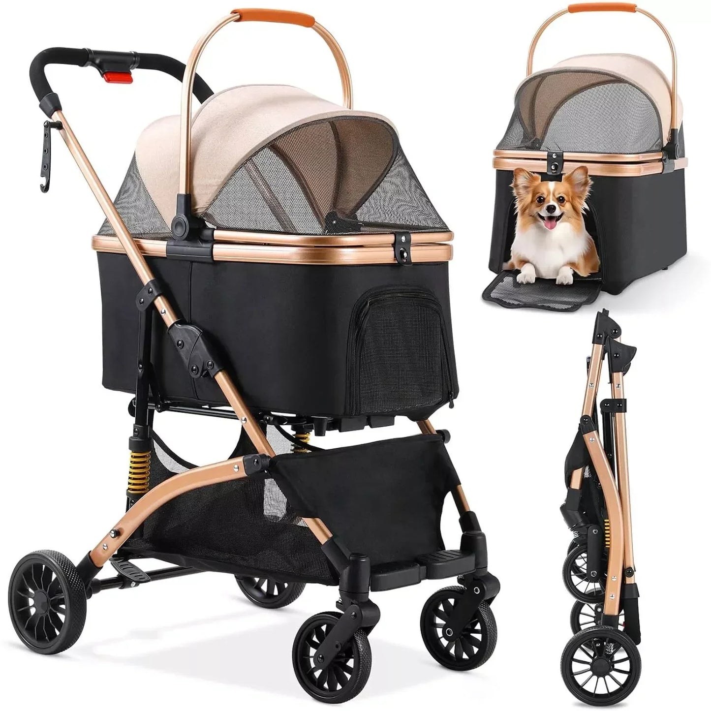 Dog Buggy 2 in 1 Stroller Dog Box Transport Foldable Cat Stroller, 360° Wear-resistant Rubber Wheels, with Storage Basket, 40kg