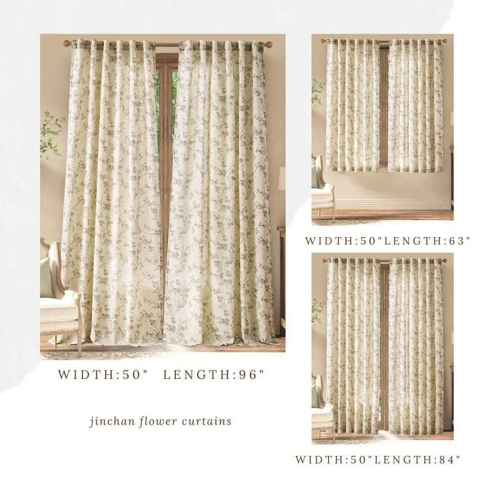 JINCHAN 2 Panels Linen Curtains For Living Room Bedroom French Country Farmhouse Flower Patterned Drapes Back Tab Window Curtain