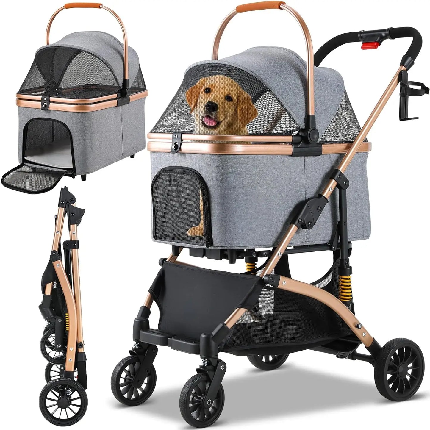 Dog Buggy 2 in 1 Stroller Dog Box Transport Foldable Cat Stroller, 360° Wear-resistant Rubber Wheels, with Storage Basket, 40kg