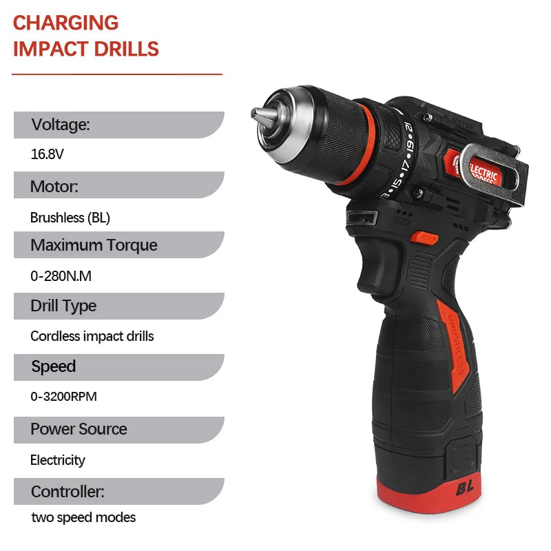 280NM 16.8V Brushless Electric Drill Cordless Screwdriver Electric Drill Battery Set Household Multi-functional DIY Power Tools