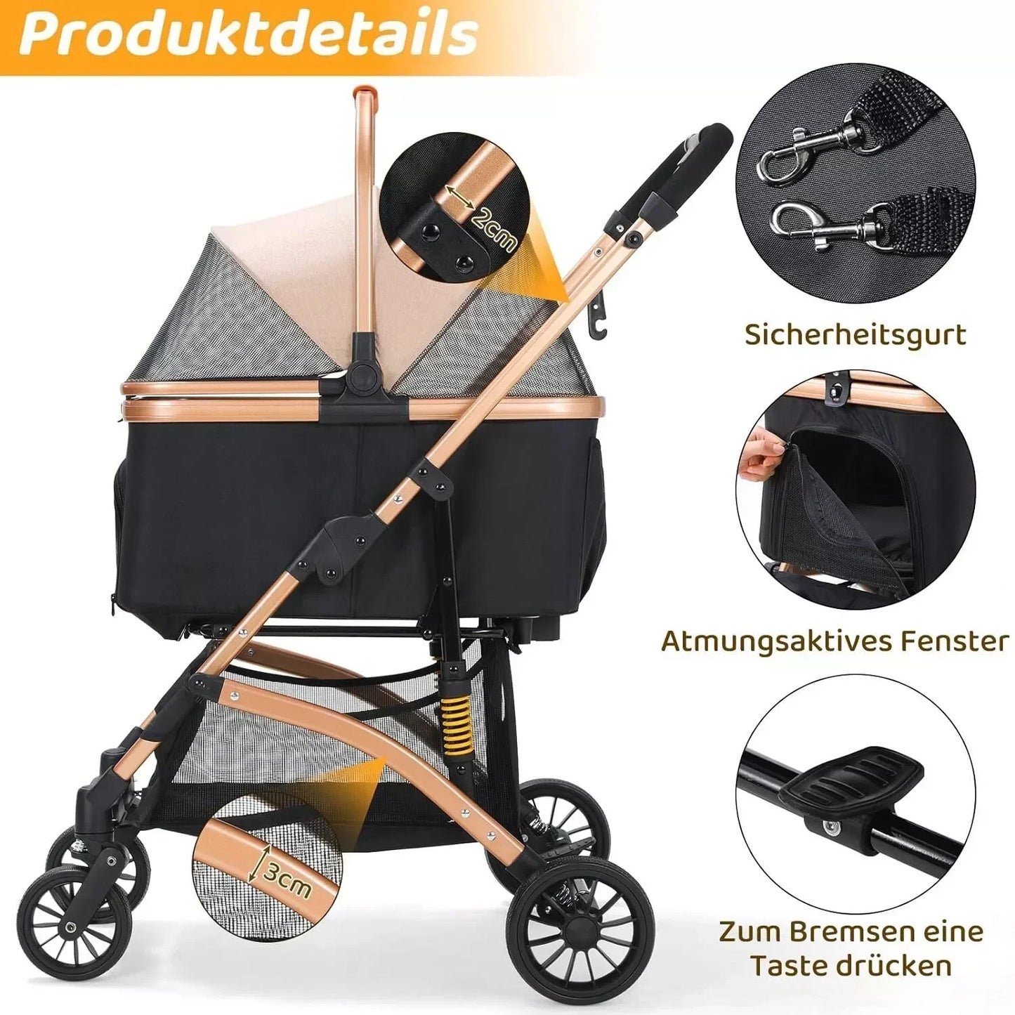 Dog Buggy 2 in 1 Stroller Dog Box Transport Foldable Cat Stroller, 360° Wear-resistant Rubber Wheels, with Storage Basket, 40kg