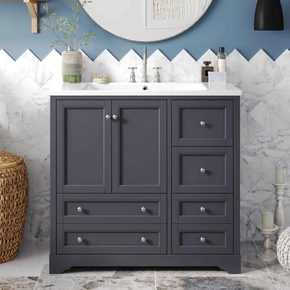 36 Inch Bathroom Vanity With Sink Solid Wood Freestanding Four Drawers And Shelf