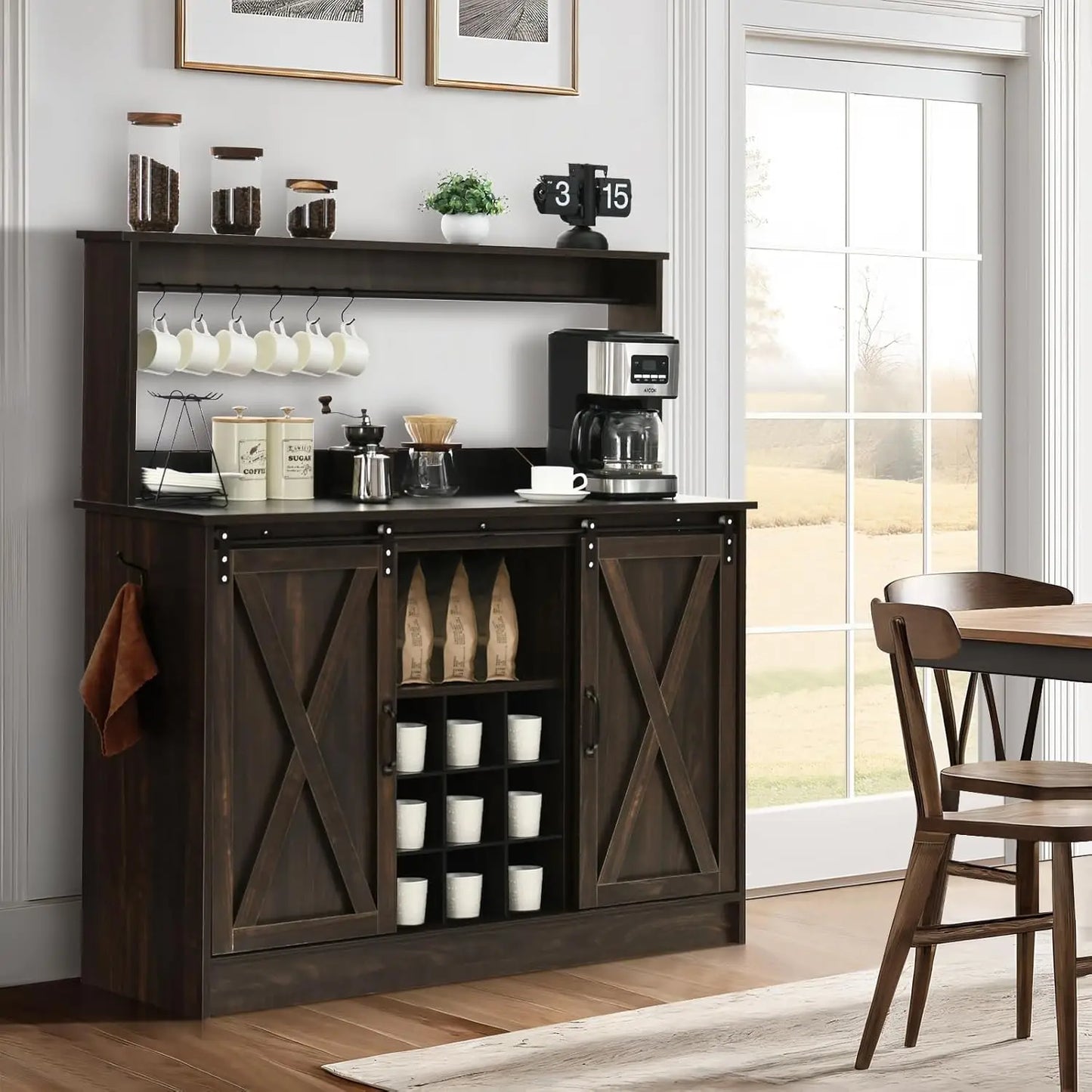 Farmhouse Coffee Bar Cabinet with  Hooks Liquor Wine Bar  Racks Kitchen Buffet Storage Adjustable Shelves for Living Dining Room