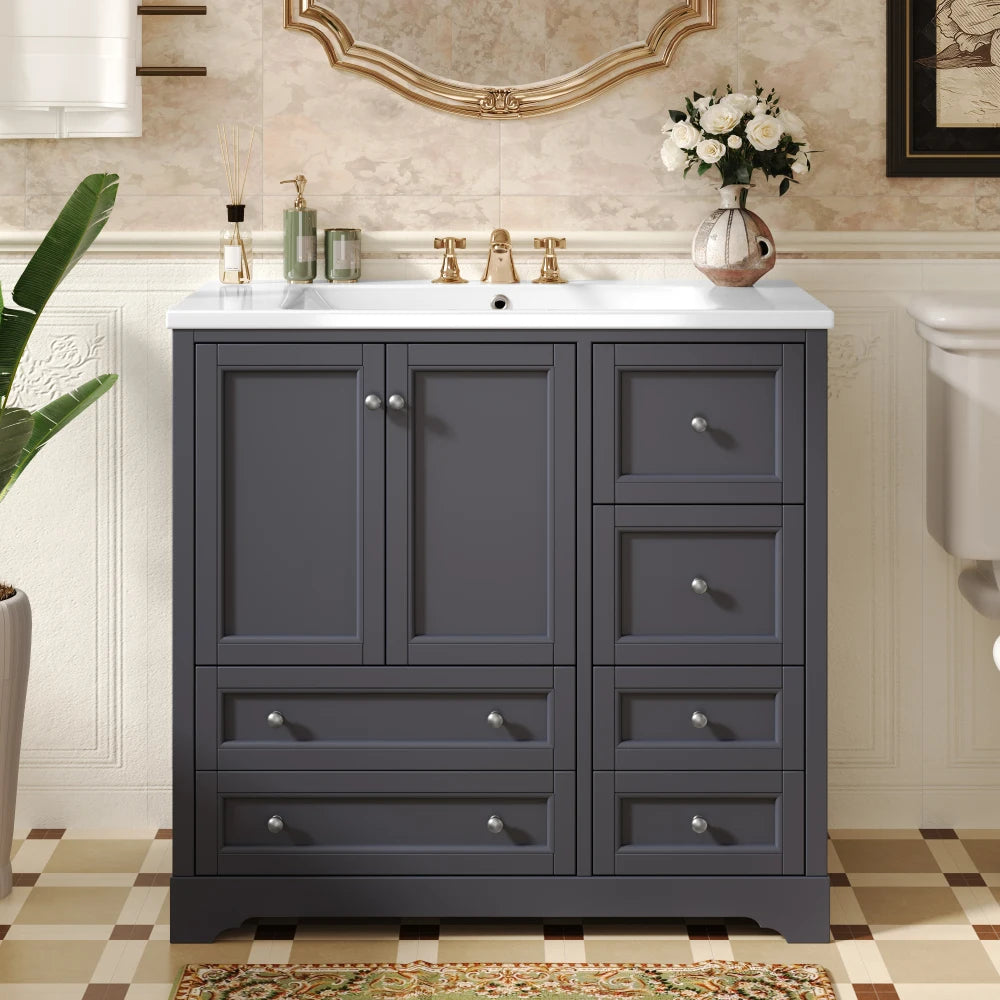 36 Inch Bathroom Vanity With Sink Solid Wood Freestanding Four Drawers And Shelf