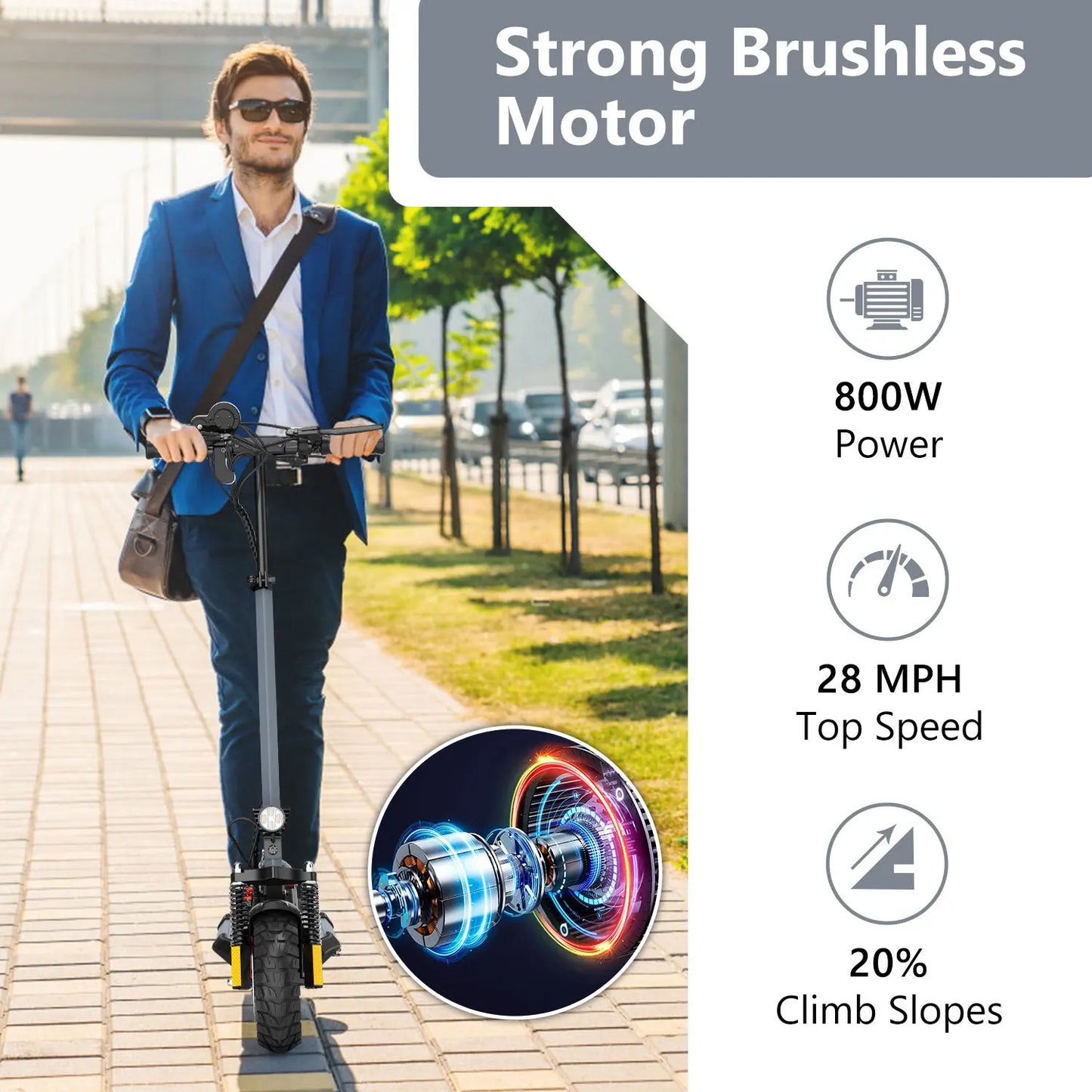 Electric Scooter 800W Motor 25MPH & 20-30KM, 12.5Ah Large Battery, 10" Tire Folding E Scooter Mulitiple Suspension, Dual Braking