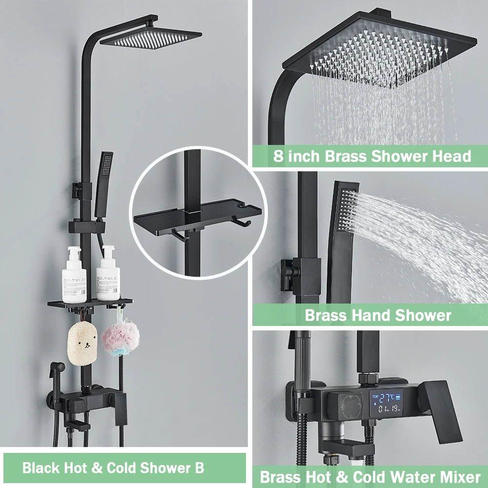 Rozin Black Smart Thermostatic Shower Faucet Set With Digital Mixer Rainfall